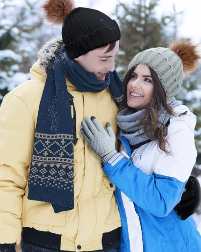 Miniatura 7 de Juego de 4 gorros de invierno para mujer, gorro de punto, guantes para pantalla táctil