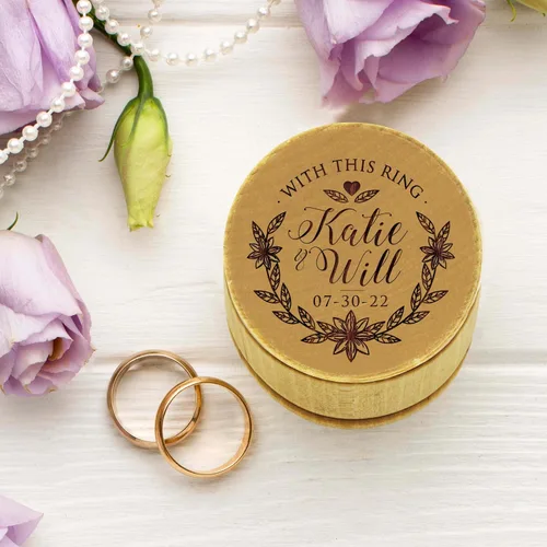 Miniatura 3 de Caja de anillos grabada personalizada, caja de boda con soporte de anillos de madera redonda rústica personalizada