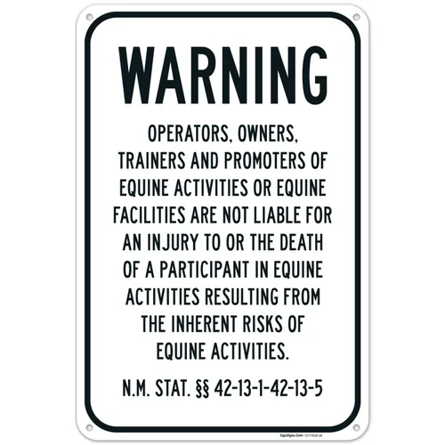 Warning Under New Mexico Law Equine Activity Sponsor Or Professional Sign, 12x18 Inches, 55 mil Thick HDPS (high Density polystyrene), Made in USA