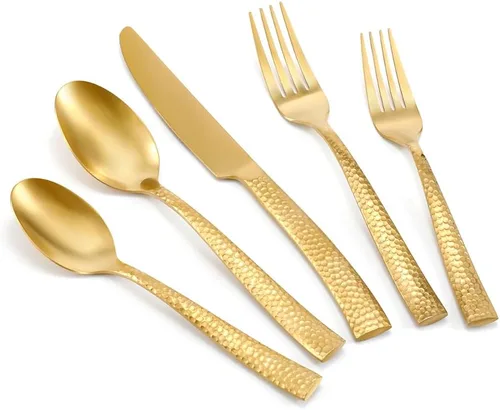 Juego de cubiertos dorados de acero inoxidable martillado con acabado mate, 20 piezas, servicio para 4