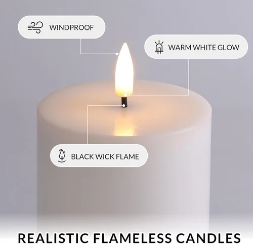 Miniatura 4 de Eywamage Velas de pilar sin llama de cera real blanca con control remoto, velas LED parpadeantes de batería, juego de 3 Blanco