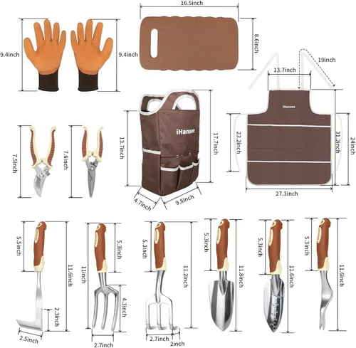 Miniatura 2 de Juego de herramientas de jardinería marrón de 12 piezas, kit de herramientas de mano de jardín con mango ergonómico antideslizante, bolsa
