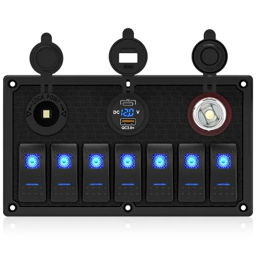 Miniatura 17 de Panel de Interruptores de Palanca Impermeable de 8 Posiciones con Cargador USB Dual y Voltímetro - Protección contra Sobrecarga para RV, Marina