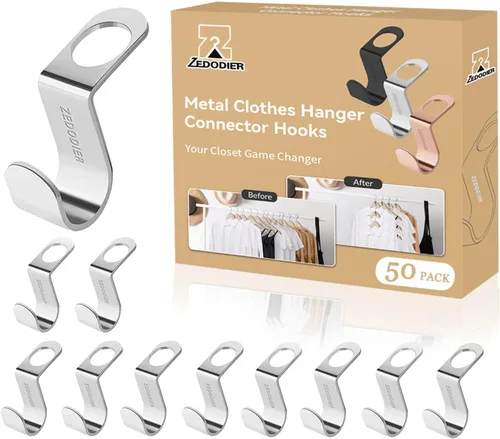 ZEDODIER Ganchos de metal para colgar ropa, paquete de 50 ganchos extensores súper resistentes, ahorro de espacio en el armario, fácil de usar, Plata