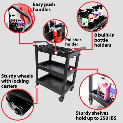 Miniatura 2 de Adam's Polishes Carrito de Detalles Premium – Carrito de detallado de automóviles con estantes de 3 niveles, capacidad de 250 libras por estante