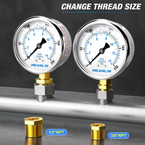 Miniatura 3 de MEANLIN MEASURE - Manómetro de acero inoxidable, relleno de líquido, esfera con cara de 2.5 pulgadas, NPT de 1/4 de pulgada, agua, aceite y gas