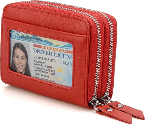 Miniatura 8 de KM Legend Cartera para mujer, delgada, con bloqueo RFID, tarjetero con ventana de identificación, monederos compactos con doble cremallera