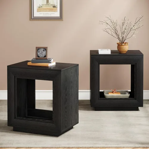 Miniatura 13 de Tribesigns Mesa auxiliar de madera rústica, mesa auxiliar cuadrada de 2 niveles con estante de almacenamiento, mesa auxiliar industrial para sofá