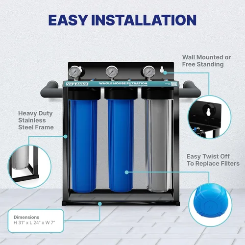 Miniatura 5 de Sistema de Filtro de Agua de 3 Etapas para Toda la Casa Nu Aqua con Manómetros de Presión – Sistema de Filtración de Agua para el Hogar de 20" x