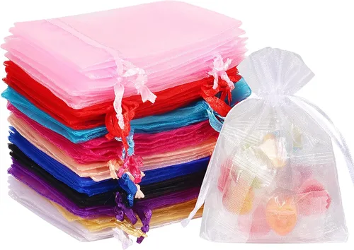 HRX Package - Paquete de 100 bolsas de organza pequeñas de 3 x 4 pulgadas, bolsas de joyería de malla de colores surtidos con cordón, bolsas vacías