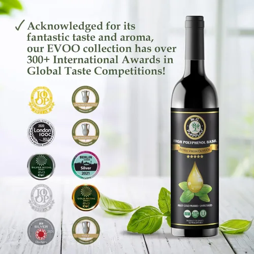 Miniatura 6 de M.G. PAPPAS Aceite de oliva extra virgen infundido con albahaca rico en polifenoles - Aceite de oliva griego prensado en frío y sin filtrar - Alto