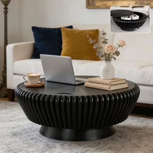 Miniatura 10 de Mesa auxiliar redonda con almacenamiento, mesa de centro moderna de tambor de madera de 35.4 pulgadas con cubierta, mesa central circular acanalada