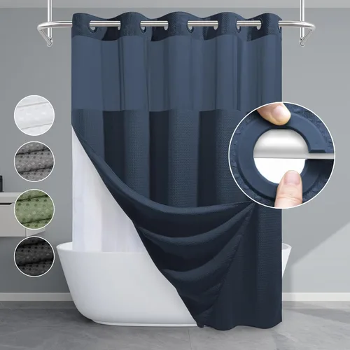 Miniatura 11 de EUTXL Cortina de ducha beige sin gancho con forro a presión, cortinas de ducha de tejido gofre de 230 GSM para baño, 54 pulgadas de ancho x 80