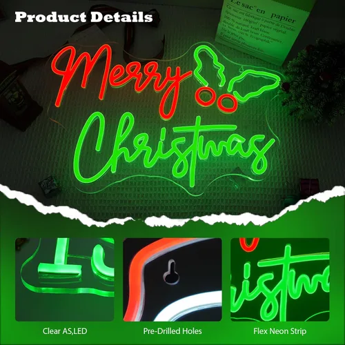 Miniatura 4 de Letrero de neón de Holly Berry, Navidad Feliz, luces LED rojas y verdes para decoración de pared, alimentado por USB, luces iluminadas