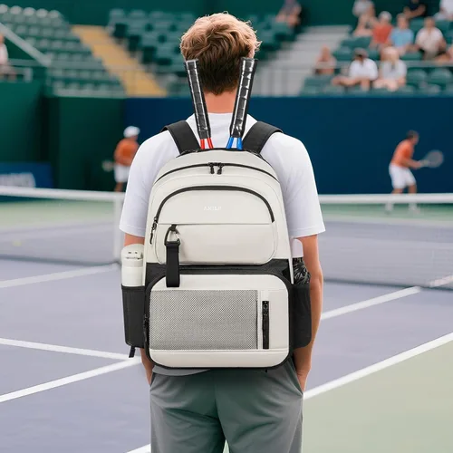 Miniatura 6 de ANILD Bolsa de tenis multideportiva para 2 raquetas con compartimento ventilado para zapatos para hombres y mujeres, Beige, Grande, Bolsa de tenis