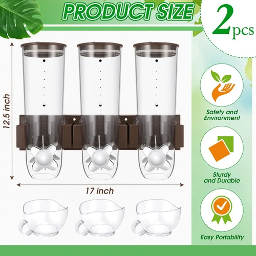 Miniatura 2 de Nitial Dispensador de cereales montado en la pared de 4.5 L, dispensador de granos triple con taza, contenedor de almacenamiento de cereales de Café