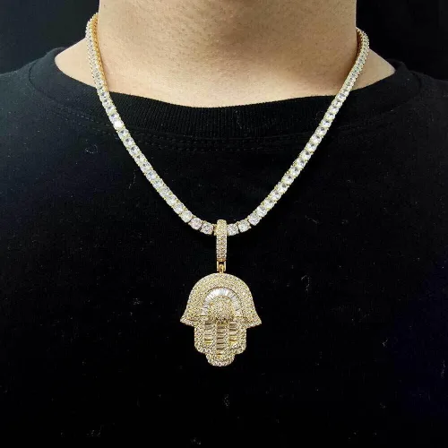 Miniatura 4 de Collar Hip Hop Hamsa para hombre, colgante de mano Hamsa de oro blanco de 18 quilates para mujer