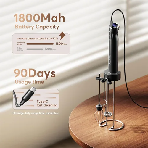 Miniatura 2 de FoodVille MF06 Espumador de leche recargable de 1800 Mah con 9 velocidades y 3 espumadores, pantalla LED, soporte de almacenamiento, para espuma