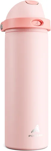 POWCAN - Botella de agua aislada, 24 oz, tapa 2 en 1, boquilla de botón, popote abatible, a prueba de fugas, acero inoxidable, para portavasos,