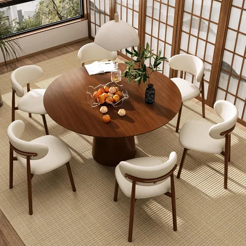 Miniatura 6 de Juego de 4 sillas de comedor y cocina, modernas, tapizadas en cuero estilo granja, con patas de metal, nogal/beige 18 pulgadas Beige/Nogal