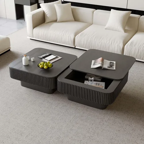 Miniatura 8 de Mesa de café cuadrada pequeña con almacenamiento, mesa de café moderna de madera con chapa de madera maciza, mesa central estriada