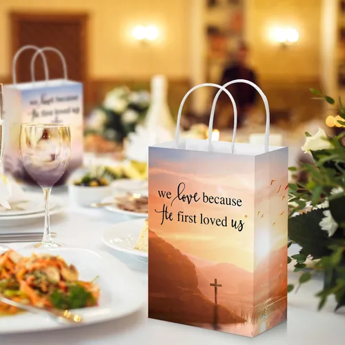 Miniatura 7 de Zhanmai - 50 bolsas de regalo cristianas a granel, cruz, religioso, versículo bíblico, bolsas de papel inspiradoras con asas para Vbs, fiesta