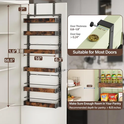 Miniatura 2 de Organizador de despensa de 6 niveles para colgar en la puerta, 2 EN 1 de montaje en pared o estante de especias colgante de metal para organizadores