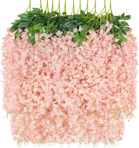 Miniatura 10 de Paquete de 12 flores colgantes de glicina artificial, guirnalda de flores de glicina falsas, enredaderas de seda, decoración de ratán para el hogar