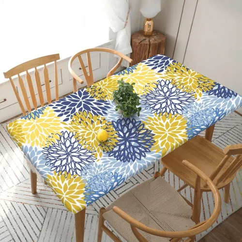 Miniatura 35 de Fiokroo Mantel de Flores de Crisantemo Azul, Amarillo y Azul Marino con Borde Elástico, Mantel Redondo Lavable y Reutilizable Cubierta de Mesa
