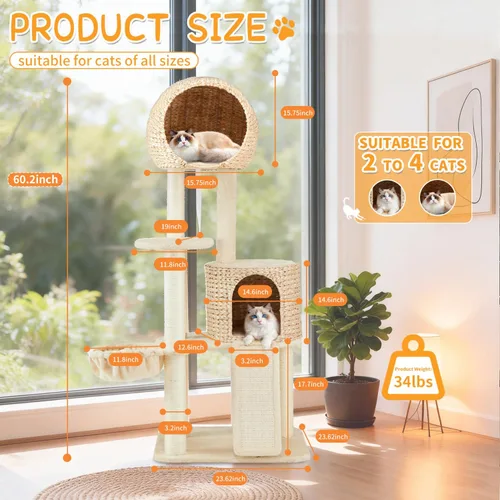 Miniatura 2 de Árbol de ratán para gatos, tejido a mano, moderno, ecológico, con poste rascador para interiores, grande, 60.2 pulgadas de alto, condominio de lujo
