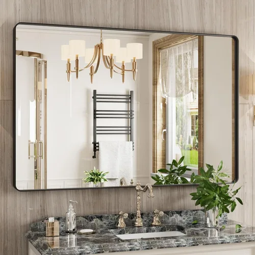 Miniatura 23 de JISOSO - Espejo de baño de 24x36 pulgadas con marco de metal cepillado color níquel, espejo con marco de metal cepillado plateado para pared, espejo