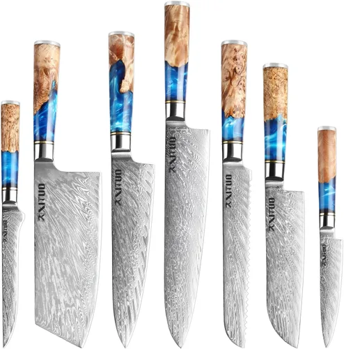 Miniatura 10 de XITUO VG10 Juego de cuchillos de chef japoneses de acero Damasco de 4 piezas, resina azul y mango de madera, cuchillo de chef de 8 pulgadas