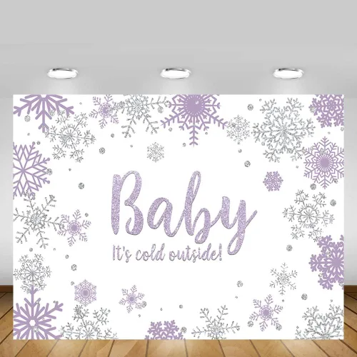Miniatura 5 de MEHOFOND Fondo de fotos de baby shower de invierno para niña, accesorios de fondo de copos de nieve morados y plateados, decoración de fiesta