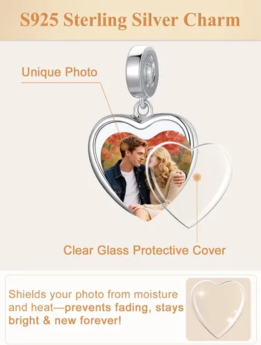 Miniatura 55 de Custom4U Photo Charms for Bracelets 925 Sterling Silver/Gold Plated Heart/Tree of Life/Round Charm Bead Personalized with Picture Custom