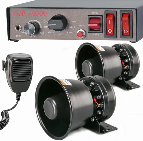 Miniatura 9 de Sistema PA de sirena de emergencia de advertencia policial de 12 V, 400 W, 9 tonos, [altavoz de diseño de 180°] [125-135 dB] [micrófono de mano]