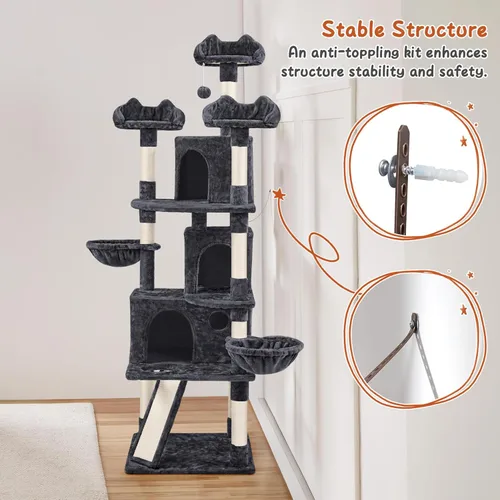 Miniatura 8 de Yaheetech Árbol grande para gatos de 76.5 pulgadas, torre grande para gatos con 3 condominios, perchas de felpa acogedoras, 9 postes rascadores