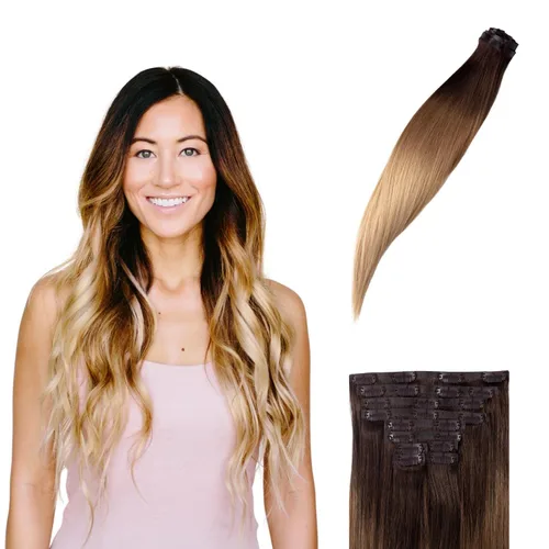 BFB Hair Extensiones de cabello con pinzas para mujer, extensiones de cabello humano real, color castaño y rubio degradado bañado en miel, 21 Miel