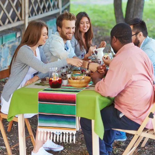 Miniatura 6 de Moukeren 16 caminos de mesa de serape mexicano, 14 x 84 pulgadas, arco iris, bohemio, con flecos, de algodón, decoración de fiesta temática mexicana