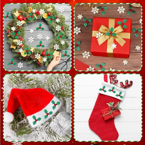 Miniatura 5 de JUNEBRUSHS 120 Piezas de Decoraciones Navideñas de Resina en Miniatura, Mini Copos de Nieve de Resina Hojas de Acebo Bayas, Adorno Navideño