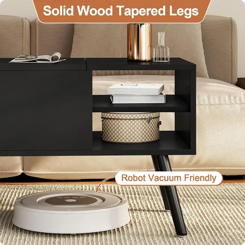 Miniatura 5 de Aline Furniture - Mesa de centro negra con superficie que se levanta y compartimento de almacenamiento oculto, patas de madera maciza y estantes