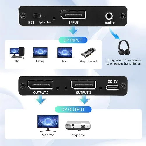 Miniatura 2 de Divisor Displayport a doble DP 4K a 144Hz/120Hz para monitores duales, soporta extensión MST, modo espejo SST 1 en 2 salidas para proyector de DP a