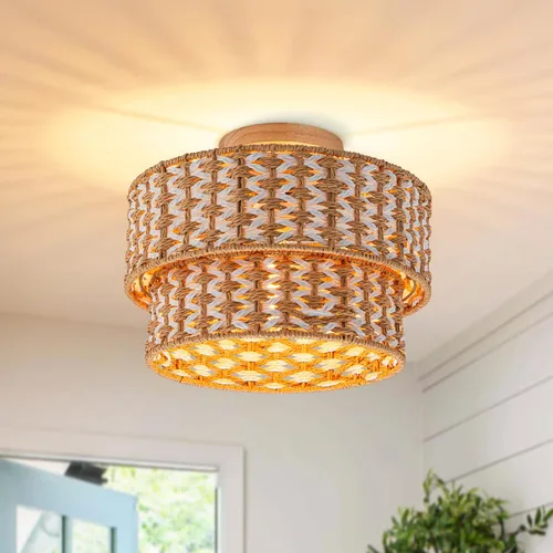 Miniatura 9 de Lámparas de Techo Bohemias de Ratán de 2 Niveles Pantalla de Lámpara de Tambor Tejida a Mano Lámpara de Techo Empotrada Dosel de Madera Candelabro