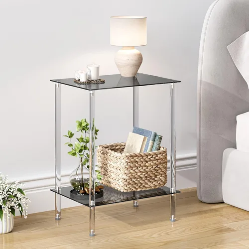 Miniatura 2 de Mesa auxiliar de vidrio templado, mesa de centro acrílica, mesita de noche transparente de 2 niveles, mesa de café transparente, para espacios