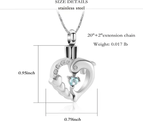 Miniatura 27 de Yinplsmemory Collar de urna de corazón de delfín para cenizas para mujer, colgante de urna de corazón de cristal, collar de recuerdo de cenizas