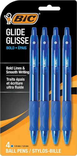 BIC Glide Bolígrafos de punta gruesa azul, punta gruesa (1.6 mm), paquete de 4 unidades, bolígrafos retráctiles de punta redonda con cómodo agarre