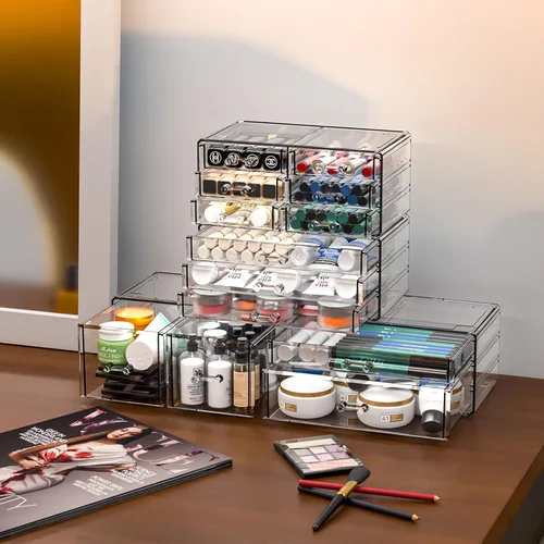 Miniatura 2 de Cq acrílico 4 Pack Organizador de Cajones de Acrílico Transparente para Encimera, Almacenamiento de Maquillaje Apilable con 13 Cajones, Organizador