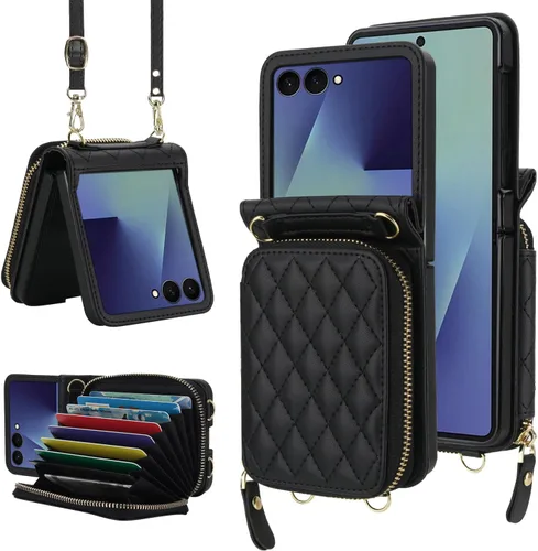 Funda tipo cartera para Samsung Galaxy Z Flip 7 con correa cruzada, protección de bloqueo RFID, ranura para tarjetas de gran capacidad, cierre de