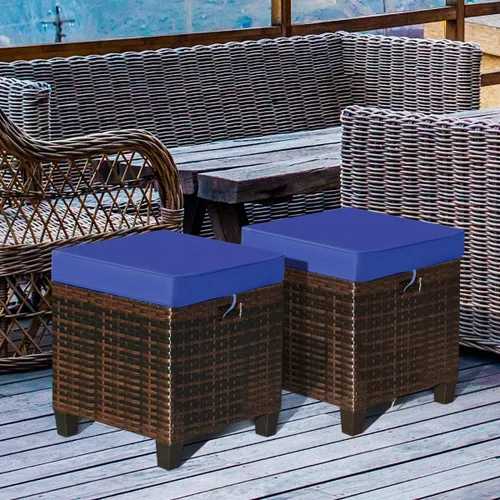 Miniatura 5 de HAPPYGRILL Juego de 2 otomanas de mimbre de ratán para exteriores, con cojines extraíbles, muebles de patio, reposapiés, asiento para reposapiés