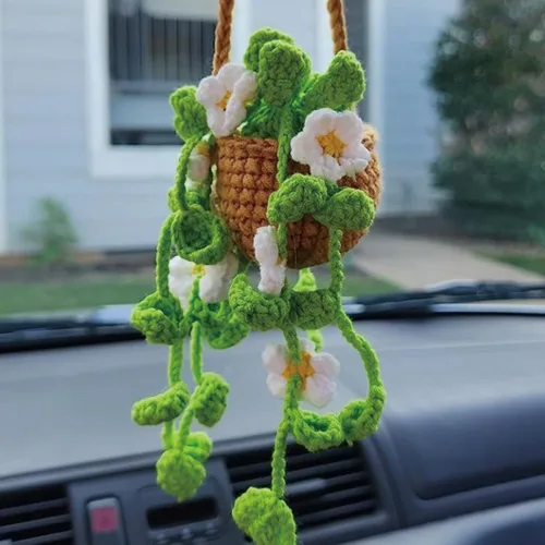 Miniatura 12 de Lindos accesorios para plantas de automóvil, accesorios de suspensión para espejo retrovisor tejido a mano con orquídeas en maceta de ganchillo B