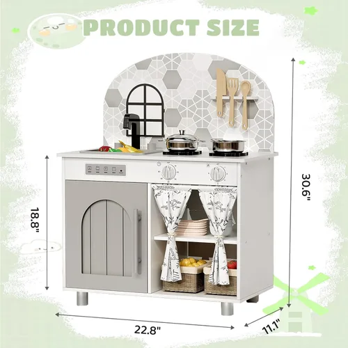Miniatura 2 de Arlopu Juego de cocina interactiva para niños con armario con cortina, perillas, grifo y fregadero, lavadora, accesorios de utensilios de cocina